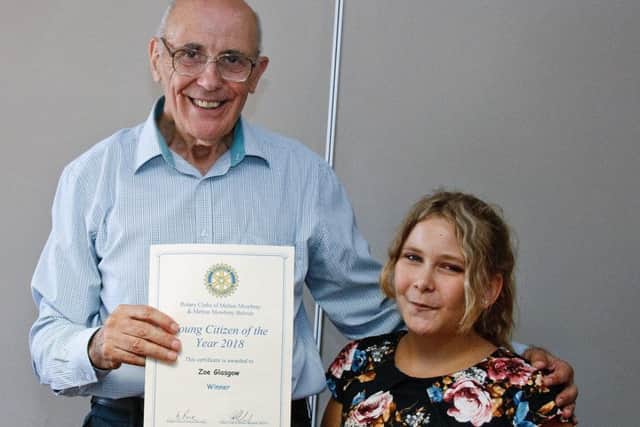 Zoe Glasgow receiving the Rotary Young Citizen Award in 2018 PHOTO: Supplied