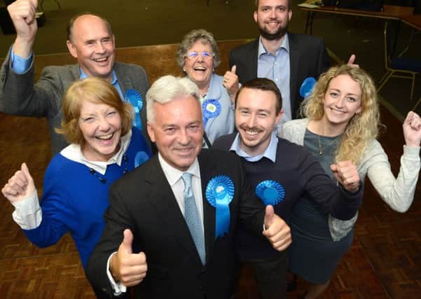 Sir Alan Duncan (front) celebrates his victory with fellow Conservatives at the General Election results night for the 2017 Rutland and Melton seat.
656464-16 : ?Lionel Heap EMN-190220-101942001