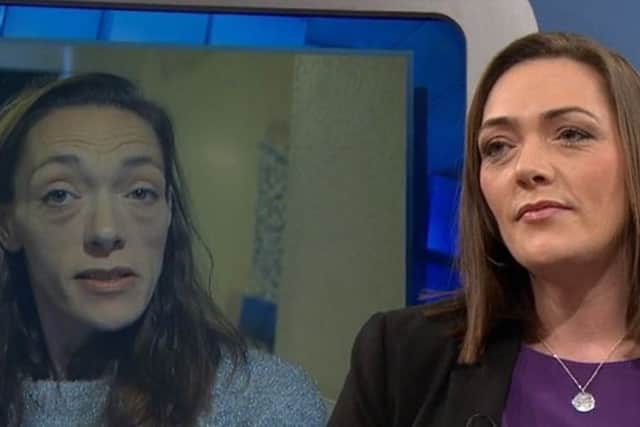 Former Melton drug addict Kristie Bishop appearing on The Jeremy Kyle Show after her treatment in front of an image of her from three months before EMN-190218-172111001