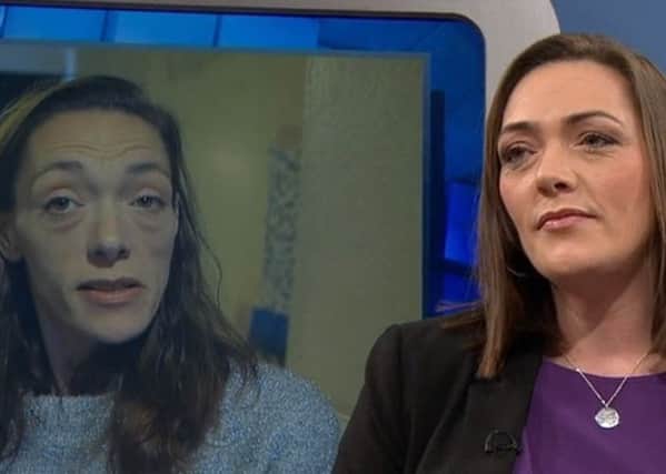 Former Melton drug addict Kristie Bishop appearing on The Jeremy Kyle Show after her treatment in front of an image of her from three months before EMN-190218-172111001