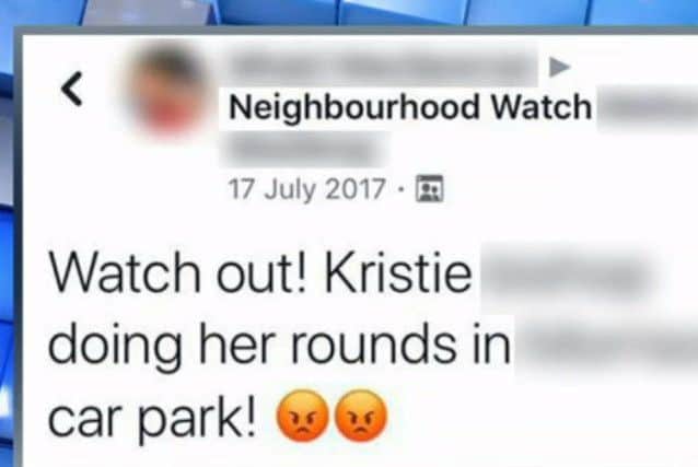 A Neightbourhood Watch Facebook post referring to former Melton drug addict Kristie Bishop on The Jeremy Kyle Show EMN-190218-172121001