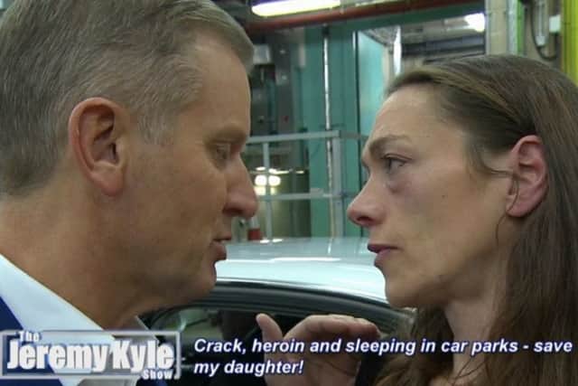 Former Melton drug addict Kristie Bishop talks to Jeremy Kyle before being driven from the studio to her rehab treatment EMN-190218-172151001