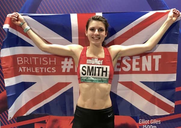 Mari celebrates confirming her place in the British team for the European Indoor Athletics Championships EMN-190220-132728002