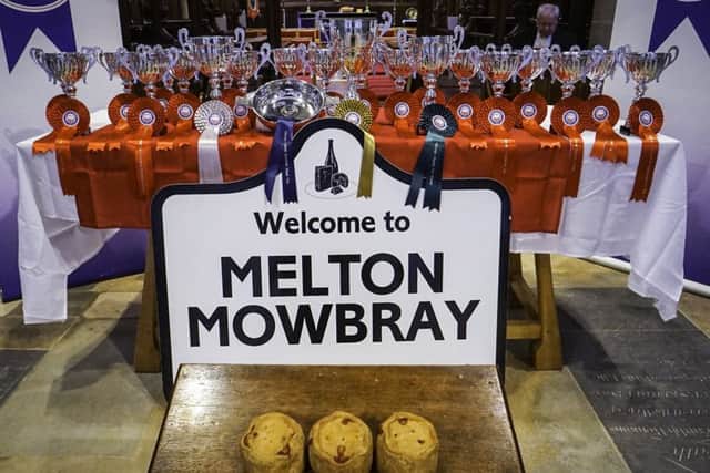 Trophies lined up in St Mary's Church, Melton for the 2019 British Pie Awards EMN-190803-161511001
