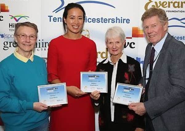 Margaret (left) and Maggie receive their certificates from Anne Keothavong and Mark Cox