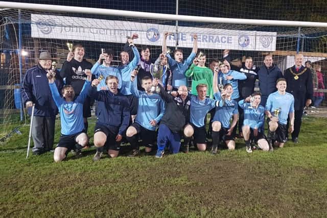 Asfordby celebrate their 3-1 win over Wymeswold in last season's final EMN-190326-165238002