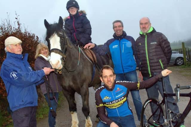 Sturgess (right) with CiCLE Classic race director Colin Clews (second from right) and 2017 race winner Dan Fleeman to promote links with the race's nominated charity, the Mount Group RDA EMN-190327-103435002