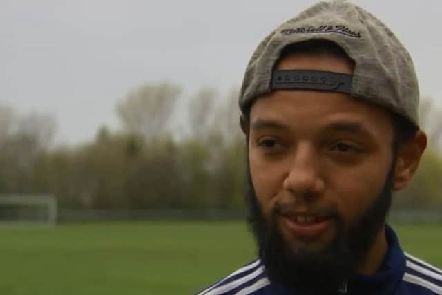 Linford Harris, a Wymeswold FC player who was racially abused during a cup final prompting his team to walk off in protest, pictured during an interview with Sky Sports TV EMN-190504-121330001