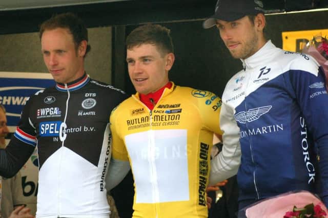 Last year's podium - Cullaigh in yellow flanked by runner-up Karel Domagalski (left) and Dutch rider Koos Jeroen Kers EMN-190418-120059002