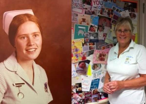 Joyce Salkeld, who is retiring as a Melton midwife after more than 30 years service, pictured as a second year student and in the present day EMN-190514-130446001