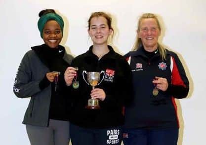 Holwell dominated the women's Open 10m Air Rifle podium at the British Air Gun Championships, with Kim Tzabach (centre) taking gold and Pauline Thornton (right) the bronze. Picture: National Smallbore Rifle Association EMN-190515-124748002