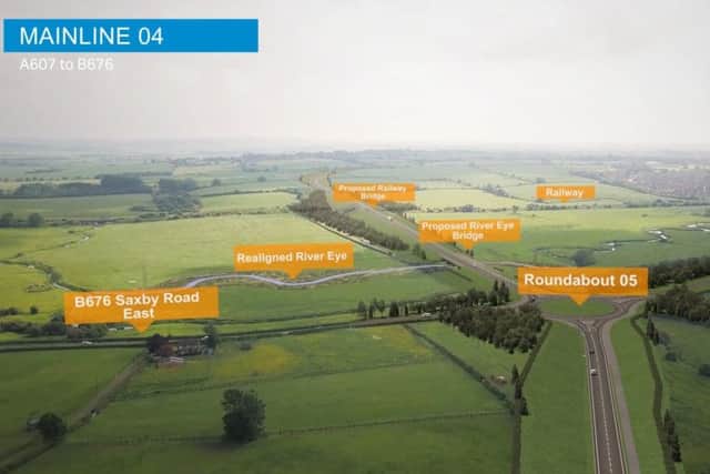 A computer-generated drone flight over the proposed Melton Mowbray Distributor Road (MMDR) showing where the road would cross the B676 Saxby Road EMN-190516-153932001