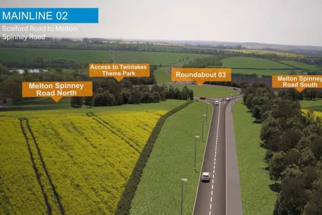 A computer-generated drone view of the Melton Mowbray Distributor Road (MMDR), where it crosses Melton Spinney Road close to Twinlakes EMN-190516-153943001