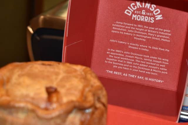 The packaging for the revamped Dickinson and Morris Melton Mowbray pork pie which contains the story of how the business was formed in the 1850s EMN-190520-161344001