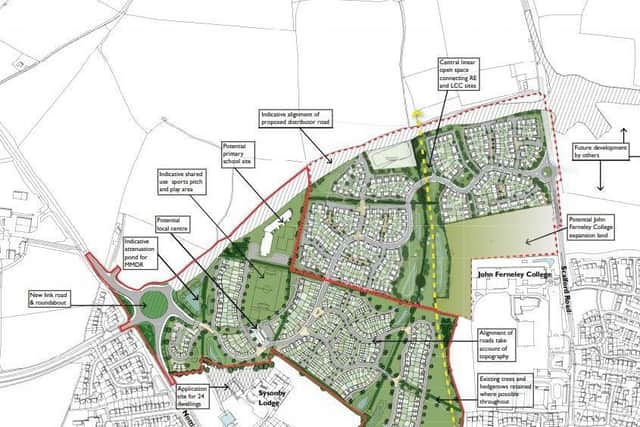 A map showing the proposed redevelopment of farmland to the north of Melton, between Nottingham Road and Scalford Road, to provide up to 290 new homes and a new primary school EMN-190523-112326001