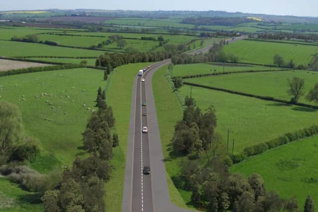 A still showing simulated drone footage of the planned Melton Mowbray Distributor Road (MMDR) EMN-190523-132103001