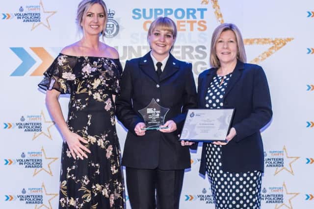 Kimberly Pulley (centre), a member of the Melton response team, with her award for being named Special Constable of the Year at the Leicestershire Police Volunteers in Policing Awards night, with Emma Corns (Volunteers Manager) and Gill Legget (from award sponsor, Police Mutual Assurance Society) EMN-191106-151218001