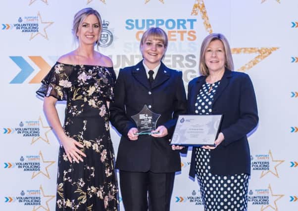 Kimberly Pulley (centre), a member of the Melton response team, with her award for being named Special Constable of the Year at the Leicestershire Police Volunteers in Policing Awards night, with Emma Corns (Volunteers Manager) and Gill Legget (from award sponsor, Police Mutual Assurance Society) EMN-191106-151218001
