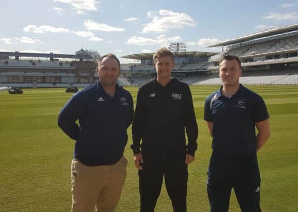 Tom Flowers (left) with England skipper Joe Root and lead coach Ben Silver at Lord's EMN-190613-123301002