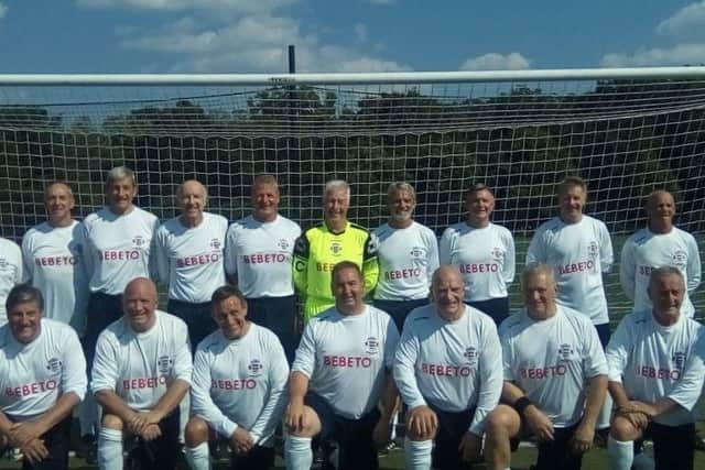 England Over 60s football team, featuring defensive stalwarts Stannard (back row, centre) and Suggett (front row, third from right) EMN-191007-083225002
