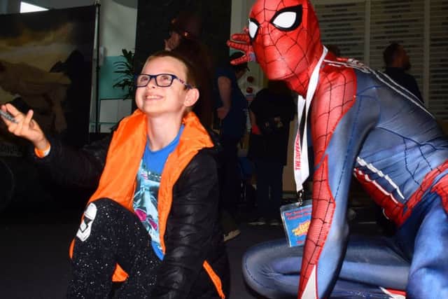 Nine-year-old Tristan Thorpe meets Spider-Man PHOTO: Tim Williams