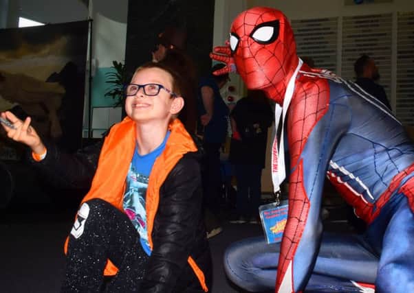 Nine-year-old Tristan Thorpe meets Spider-Man PHOTO: Tim Williams