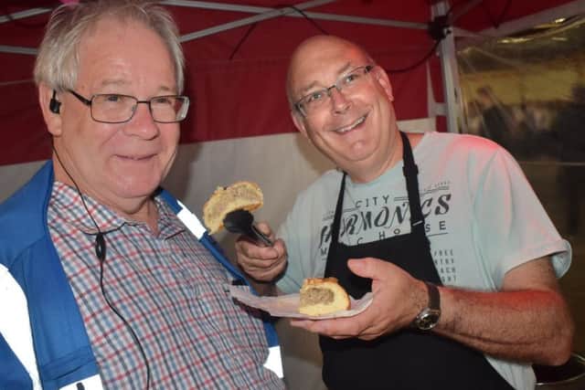 PieFest 2019 - organiser Matthew O'Callaghan (left) with Ron Shrimpton and his Russian pies EMN-190729-174836001
