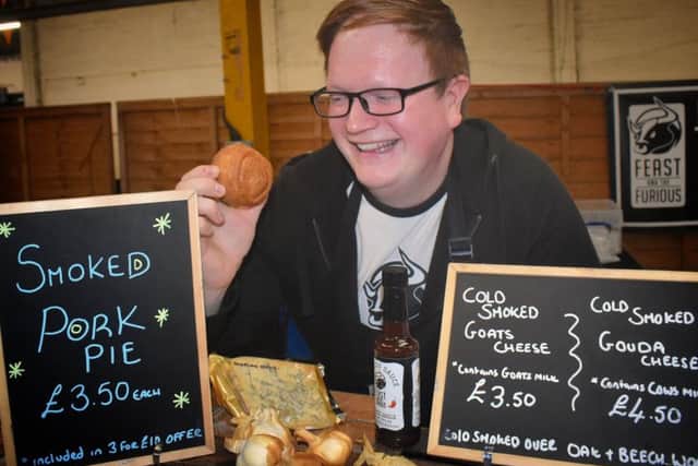 PieFest 2019 - Jon Oakes with a smoked pork pie on his Feast and the Furious stand EMN-190729-174847001
