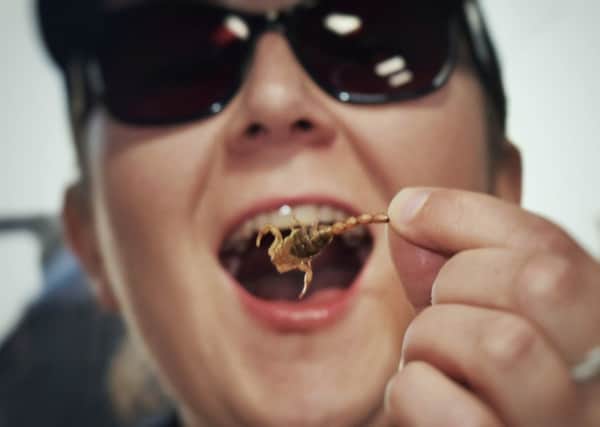 Frankie Devlin tastes a scorpion at the Rare Foods Festival EMN-190917-130155001