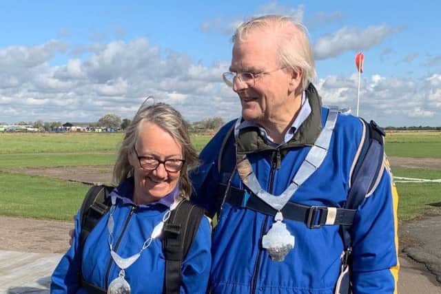 Melton Mayor, Malise Graham, and wife Pamela prepare for their parachute jump EMN-190924-122343001