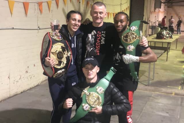 Commonwealth champions Thai Barlow (kneeling) and Tyree Stevens with world champion Iman Barlow and Assassins chief instructor Mark Barlow EMN-191016-081133002