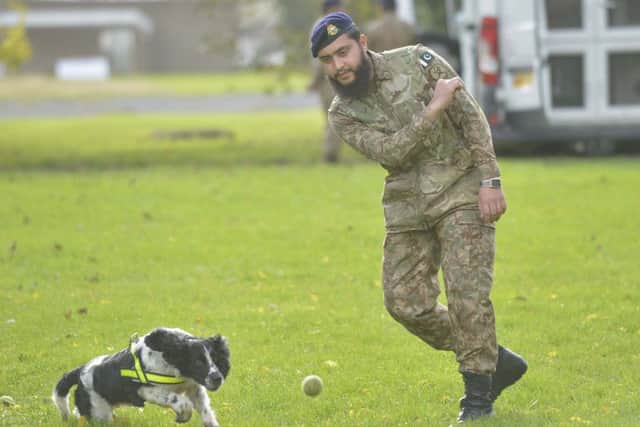 Pakistani Army dog handler SWR (Private) Muhammad Osama exercises his Explosives Search Dog, Kukos, during the training course at Melton.
Photographer:
Corporal Mark Larner RLC

10/10/2019 EMN-191021-122922001