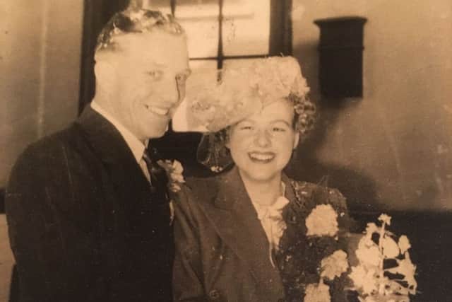 Jim and Doreen Posnett on their wedding day in 1947 EMN-191031-185936001