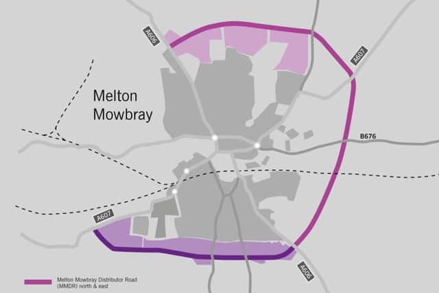 The route of the approved Melton Mowbray Distributor Road (MMDR), connecting north, east and south, and how it would join with the planned southern link section EMN-190411-171135001