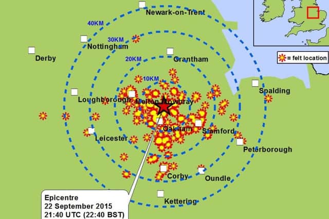 A British Geological Survey map showing where an earthquake was felt in and around Rutland on September 22, 2015. EMN-150923-105016001