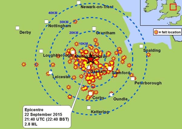 A British Geological Survey map showing where an earthquake was felt in and around Rutland on September 22, 2015. EMN-150923-105016001
