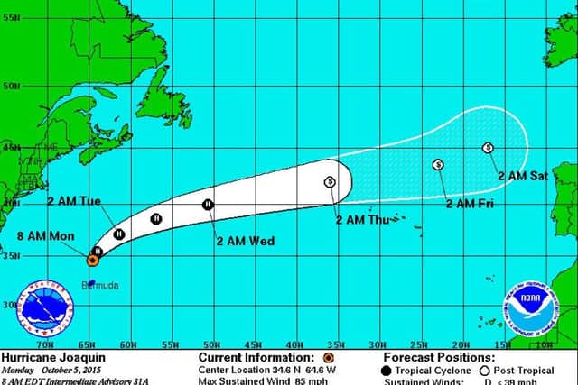 Map showing possible trajectory of Hurricane Joaquin as it cross the Atlantic this week. Image: US National Hurricane Center