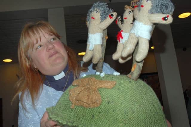 Rev Jane Carter with the Good Friday model knitted by Eileen Cooper PHOTO: Tim Williams