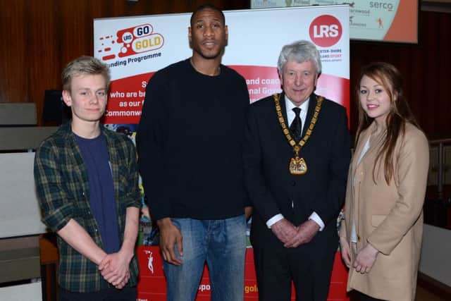 Swimmer William Hawkes with Leicester Riders star Drew Sullivan, county council chairman David Snartt and modern pentathlete Sophie Pedlar EMN-161102-151811002