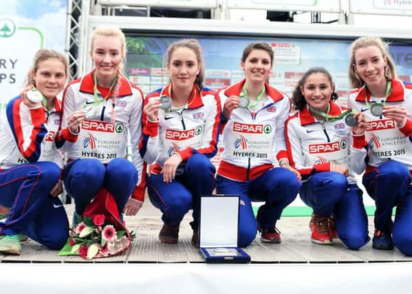 Mari (third from right) with the Great Britain team which won a team silver at the European Junior Cross Country Championships in France PHOTO MARK SHEARMAN EMN-160217-103215002