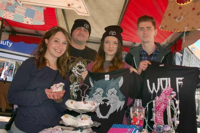 Pictured here at Melton's first Teenage Market held last year (2015) are stallholders Maisie Kennington, from Daisy Maisie Moo hand crafts, and Maxine Howarth, Michael Little and David Joyce, from Wolf City Clothing EMN-160103-152816001