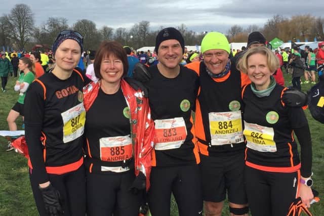 Members of Melton-based Pork Pie Plodders pictured at the Saucony Cambridge Half Marathon EMN-160103-115606002