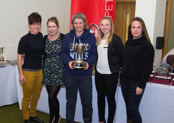 Laura Morley, Jess Gadsby, Di Burdett, Charlie Griffin and Sibella Chew receive their league winners trophy. Not pictured: Amelia Coltman, Georgie Ashmore and Corrine Blythe EMN-160903-101557002