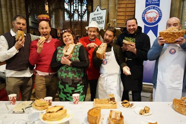 From left are British Pie Awards judges Pete Lawrence (TV producer), Andy Clarke (food blogger and TV producer), Rachel Green (TV chef), Stephen Hallam (British Pie Awards event organiser), Andy Bates (TV chef), Neil Broomfield of the Great North Pie Co (2015 British Pie Awards Supreme Champion) and Neil Davey (food journalist) EMN-160314-124811001