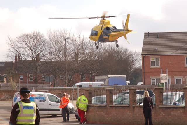 The Derbyshire, Leicestershire and Rutland Air Ambulance (DLRAA) takes off from the Tuxford and Tebbutt car park on Thorpe End EMN-160316-114313001
