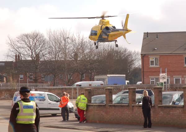 The Derbyshire, Leicestershire and Rutland Air Ambulance (DLRAA) takes off from the Tuxford and Tebbutt car park on Thorpe End EMN-160316-114313001