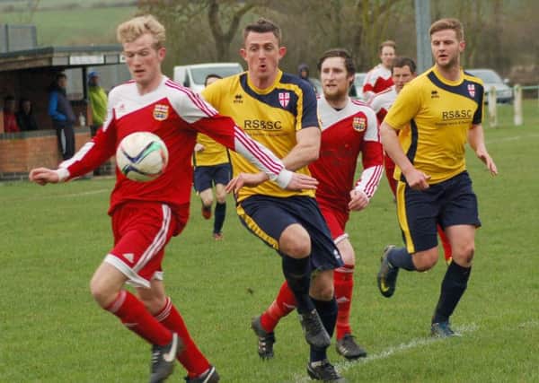 Shannon Myring (left) and David Hazeldine look to combine during Saturday's 3-0 win against Rothley EMN-160330-105318002