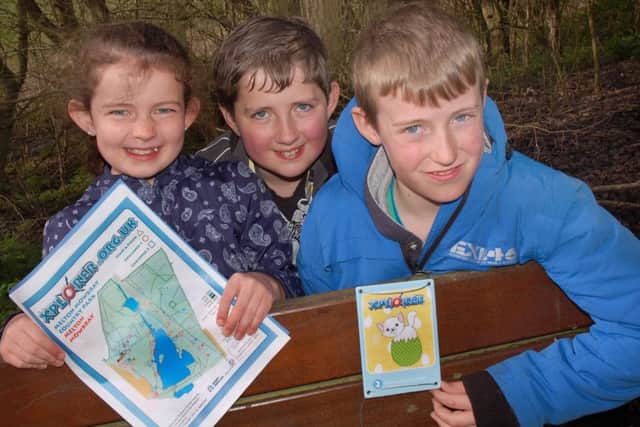 Charlotte Bartram and brother Daniel, and Liam Tew looking for markers in the park using their map
PHOTO: Tim Williams