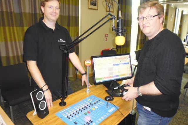 103 The Eye presenter Keith Galloway (right) with Liam Burke, from Broadcast Radio Ltd, who demonstrated studio and playout systems during the networking day EMN-160418-114658001