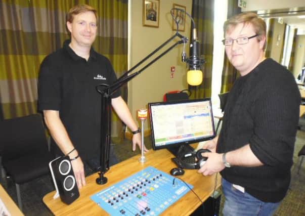 103 The Eye presenter Keith Galloway (right) with Liam Burke, from Broadcast Radio Ltd, who demonstrated studio and playout systems during the networking day EMN-160418-114658001